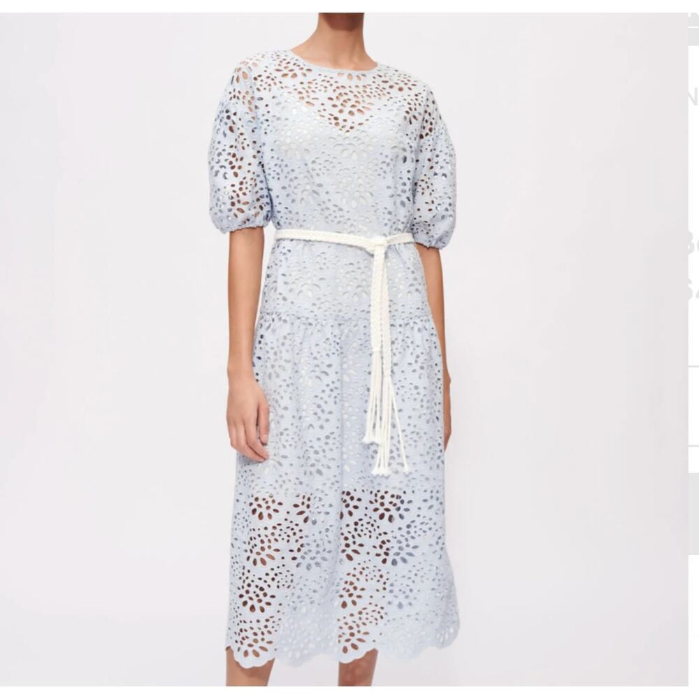 MAJE 100% Cotton Bare Back Guipure Dropwaist Short Sleeve Midi Brocade Dress XS
